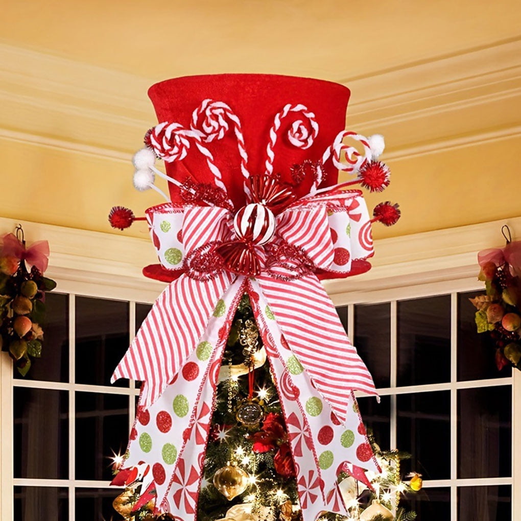 Chapeau De Sapin De Noël - Décor étoile Rouge Avec Ruban Canne à Sucre - Pour Le Sommet De L'arbre - Décoration Festive Maison/bureau