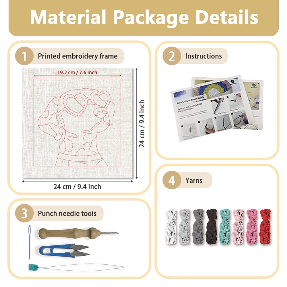 Polyester Cotton Punch Needle 8Folded Yarns Embroidery Kits Included Threader Cotton Thread Punch Needle Thread Clips 3.5MM Wooden Needle Dog
