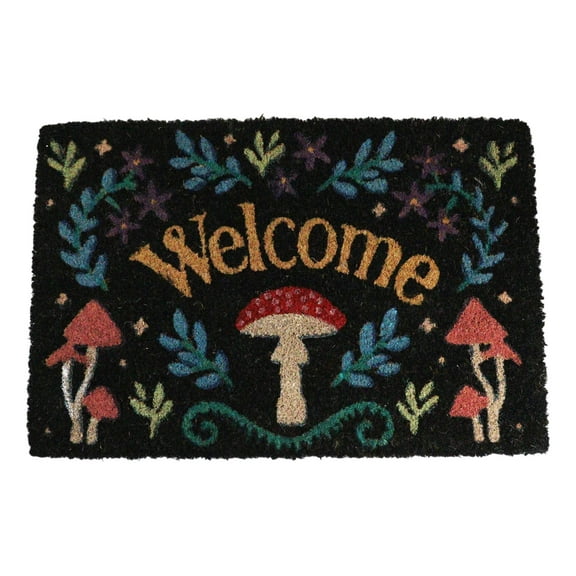 Welcome Mushrooms and Herbs Botanica Black Coir Coconut Fiber Floor Mat Doormat