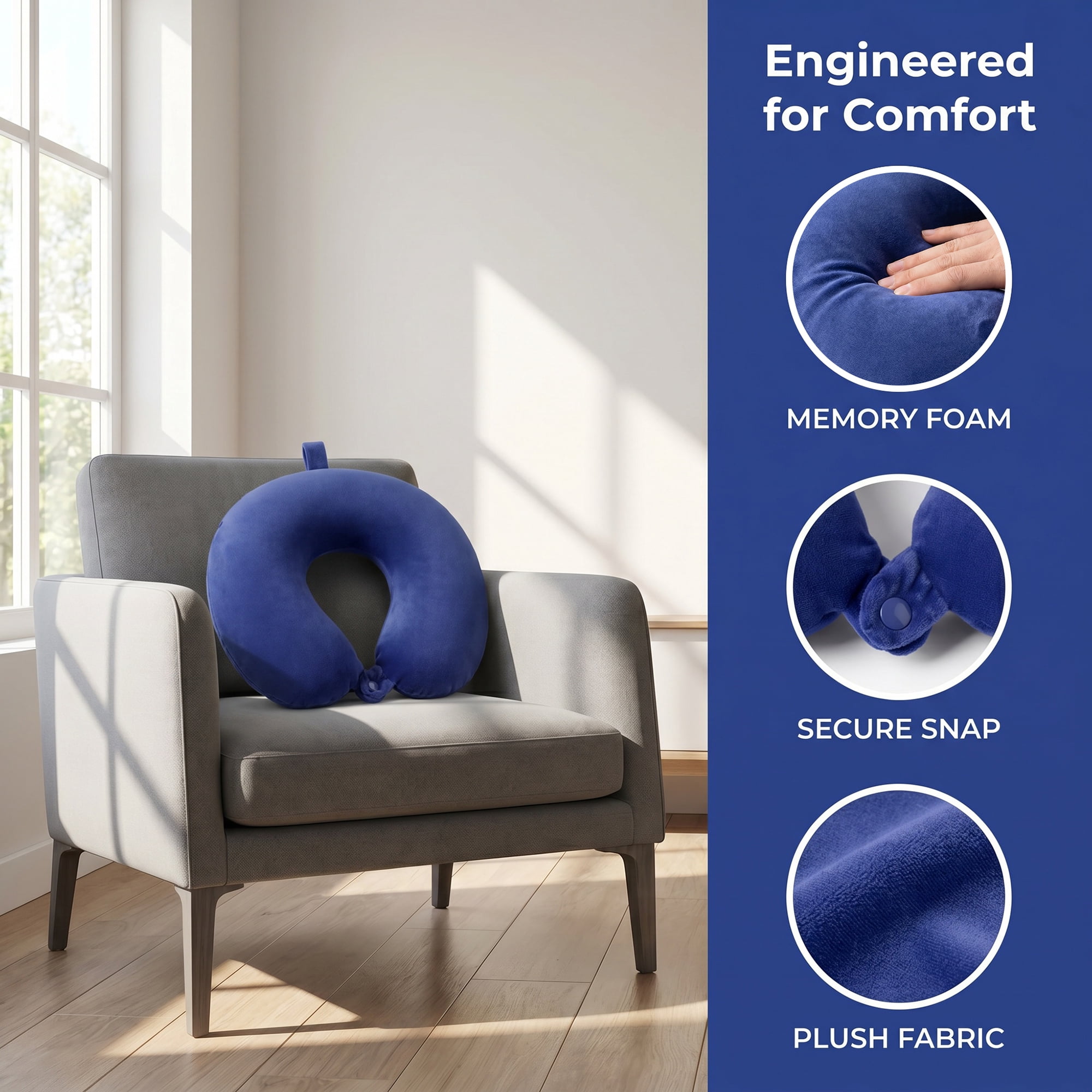 Unique Bargains Memory Foam Travel U Shape Neck Pillow Snap Closure Dark blue 12"x12"x4"