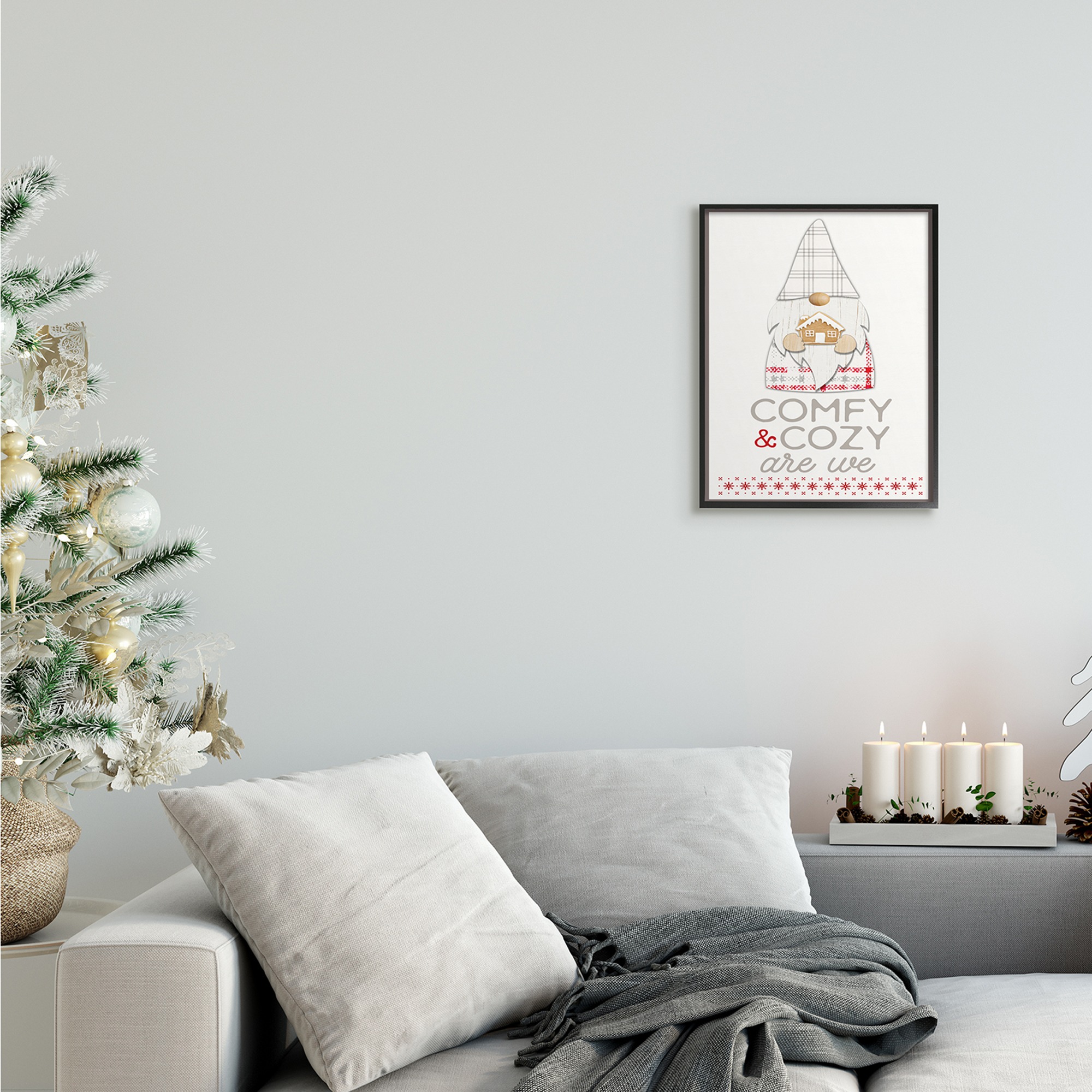 Stupell Industries Comfy and Cozy Phrase Red Plaid Christmas Gnome Fairy Tales & Fantasy Painting Black Framed Art Print Wall Art, 11 x 14