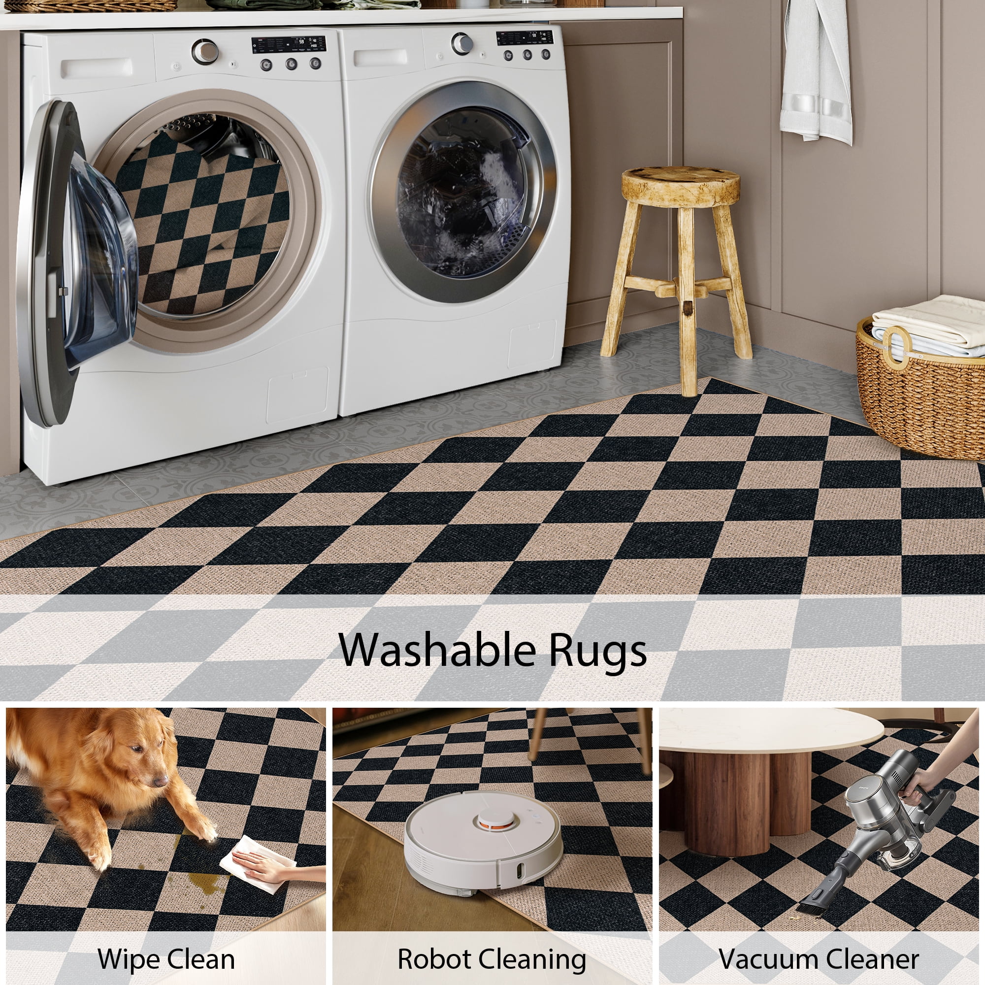 SUNDEREY 2'x3' Easy Jute Area Rug, Washable Small Front Door Mat Rug for Entryway Non Slip, Modern Geometric Kitchen Mats for Floor, Checkered Indoor Carpet for Living Room Bathroom RV,Black