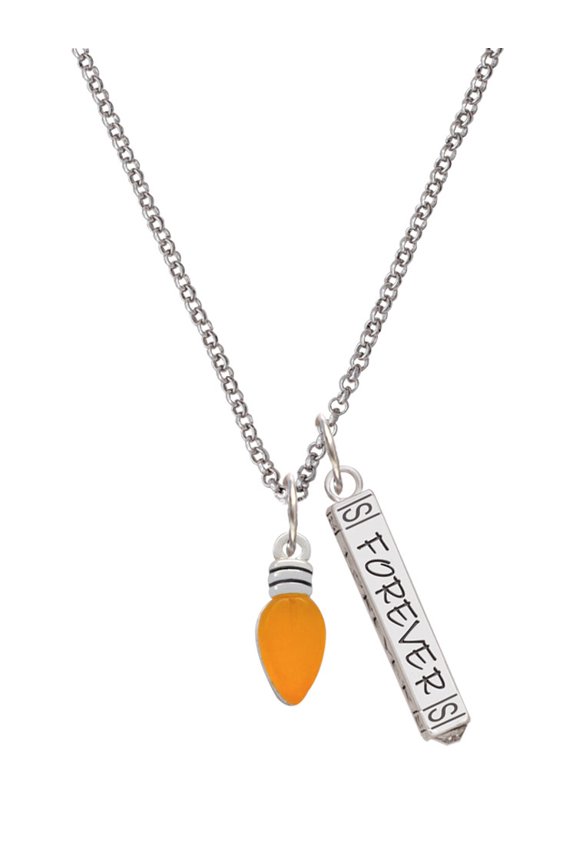Silvertone Christmas Lights - Hot Orange Resin Silvertone Forever Bar Charm Necklace, 23"