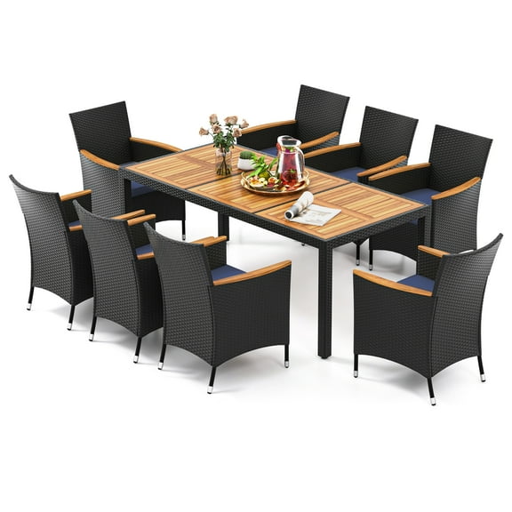 Gymax Set of 9 Outdoor Dining Set w/ Acacia Wood Tabletop & Umbrella Hole & Seat Cushions