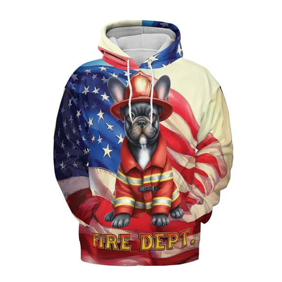Firefighter French Bulldog Hero Rescue Fire Dept Fireman USA Flag All Over Print 3D Hoodie Unisex Merch Hoodies Dog Lover Gifts - 02026