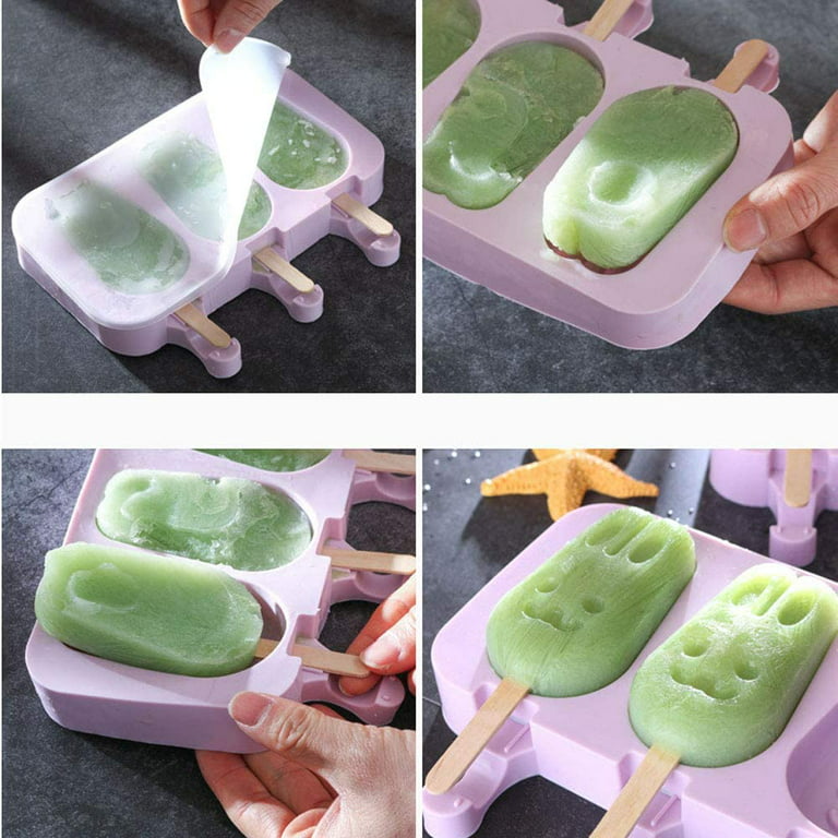 Popsicle Molds,1 Pack Silicone Paw Ice Pop Molds 2 Cavities with Lid,  Homemade Ice Cream Mold with 50pcs Wooden Sticks for DIY Ice Cream