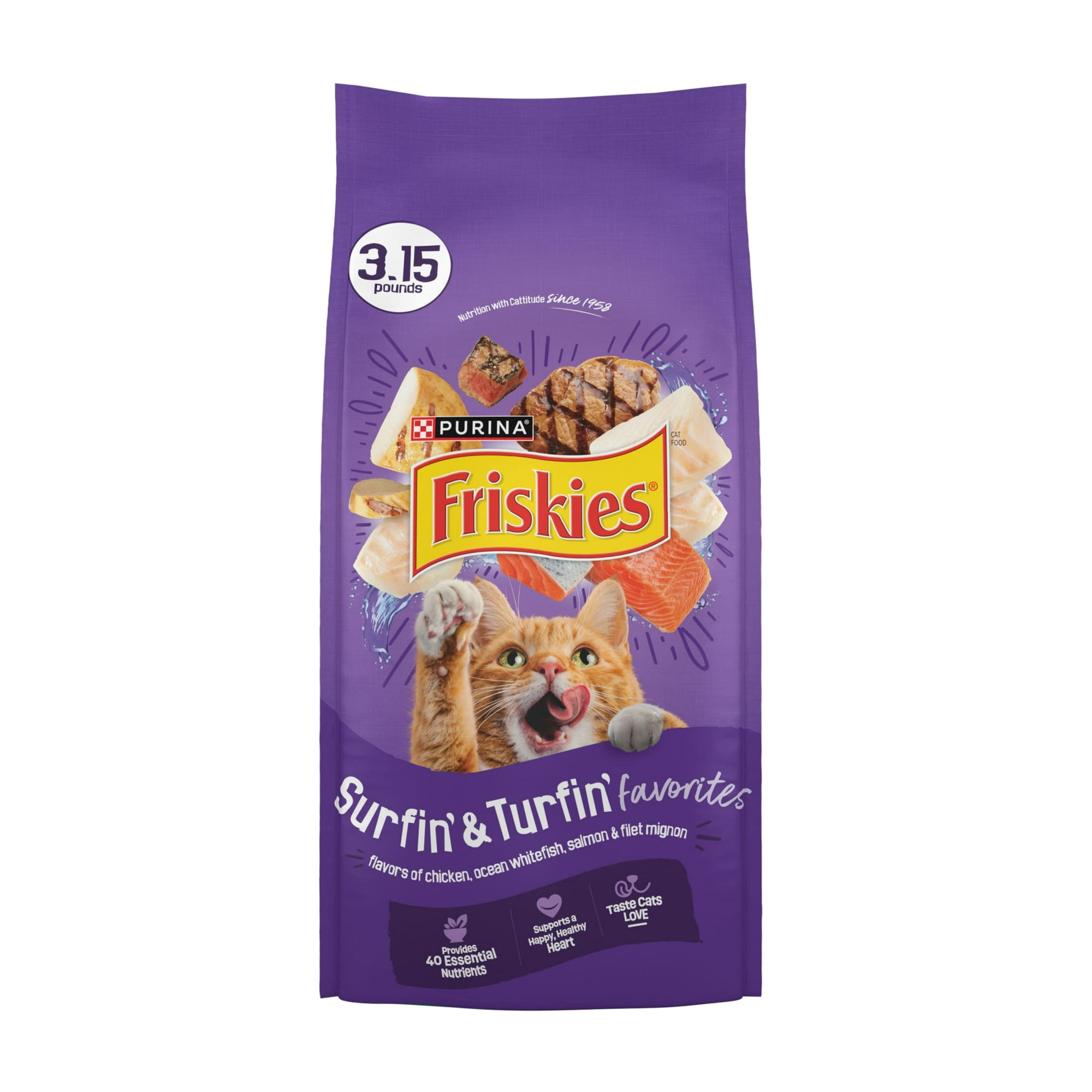 Purina Friskies Surfin and Turfin Favorites Dry Cat Food Flavors of Chicken, Whitefish, Salmon and Filet Mignon, 3.15 lb Bag