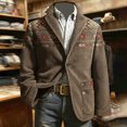 thumbnail image 5 of DGMIOCS Men's Corduroy Western Print Blazer Vintage Single Button Coat Long Sleeve Jacket with Pockets Khaki M, 5 of 5