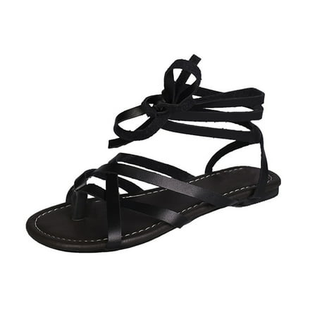 

Women Lace Up Gladiator Sandals Summer Beach Casual Flat Flip Flops Shoes New