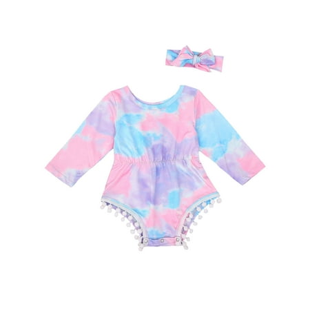 

Calsunbaby 2Pcs Newborn Baby Girls Tie Dye Romper Sets Round Neck Long Sleeve Tassel Ball Decor Playsuits with Bow Headband