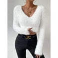 thumbnail image 5 of Women'S Fuzzy Long Sleeve V Neck Crop Sweater Casual Plain Slim Fit Warm Knitwear Sweater Pullovers White S, 5 of 9