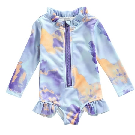 Virmaxy Girls  Daisy Print Swimsuit Cover-Up Long Sleeve UV Protective Swim Dress with Front Zipper Casual Beach Skirt for Beach Resorts Poolside Purple-2 3 Years