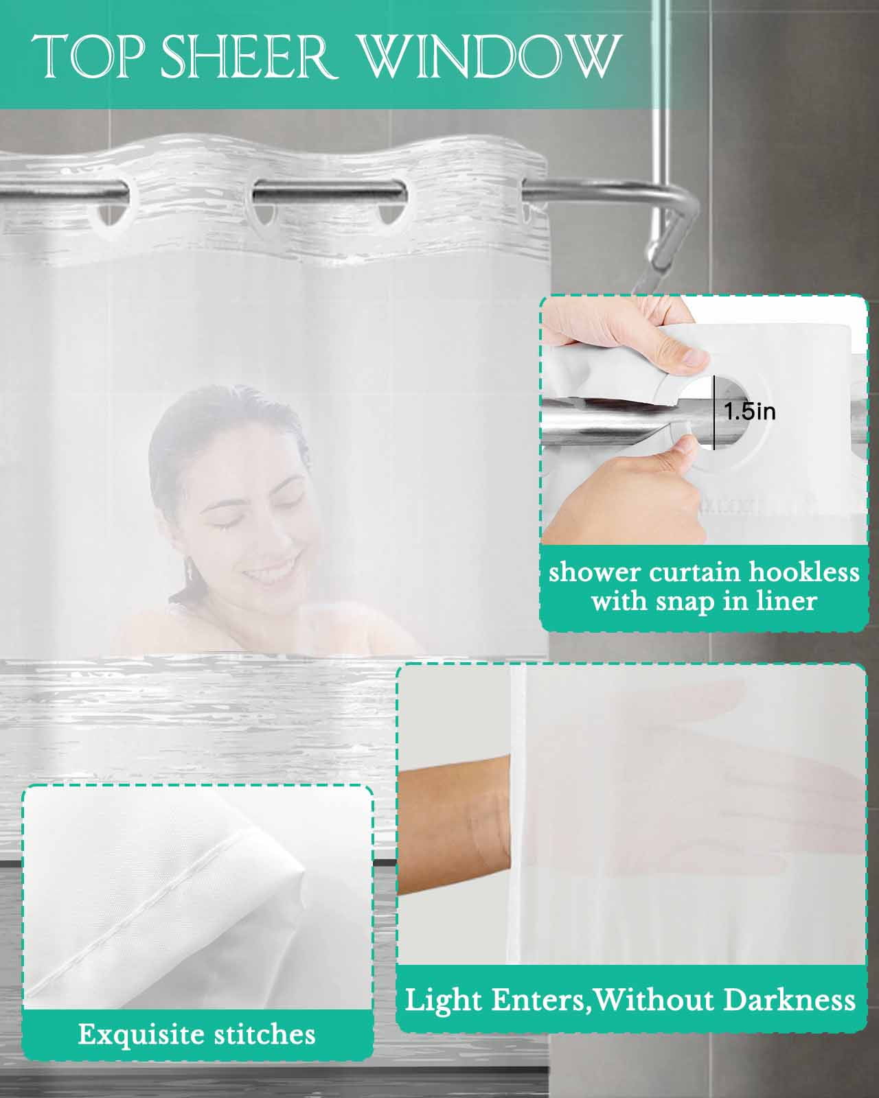 No Hook Shower Curtain with Snap in Liner, Dark Grey Striped Gradient Rustic Wood Board Hotel Shower Curtains for Bathroom, Washable Shower Curtain Liner Set with Mesh Top Window, 72"x96"