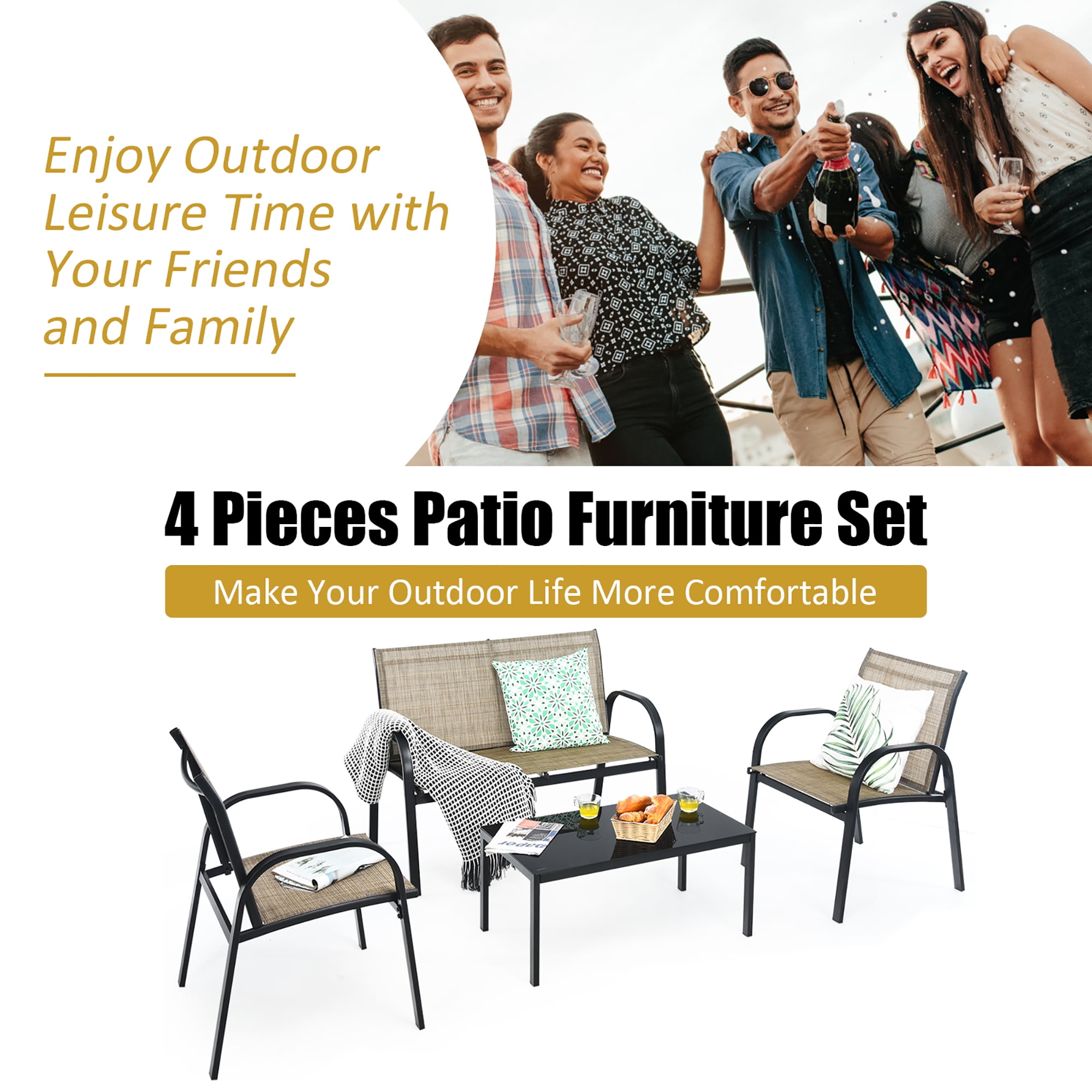 Costway 4 PCS Patio Furniture Set Sofa Coffee Table Steel Frame Garden Brown