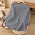 thumbnail image 4 of Lenpel Line Tops for Women Lantern 3/4 Length Sleeve V Neck Floral Embroidered Cotton T-Shirts Loose Tunic Blouses Dressy Casual Tees, 4 of 7
