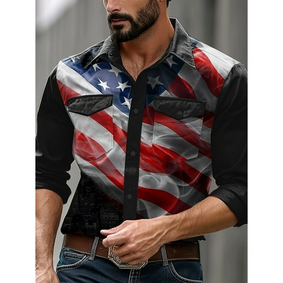 Men's American Flag Shirts Sport Western Two Pocket Long Sleeve Snap Button Down Shirts Cowboy Shirt Work Shirt White M L XL XXL 3XL