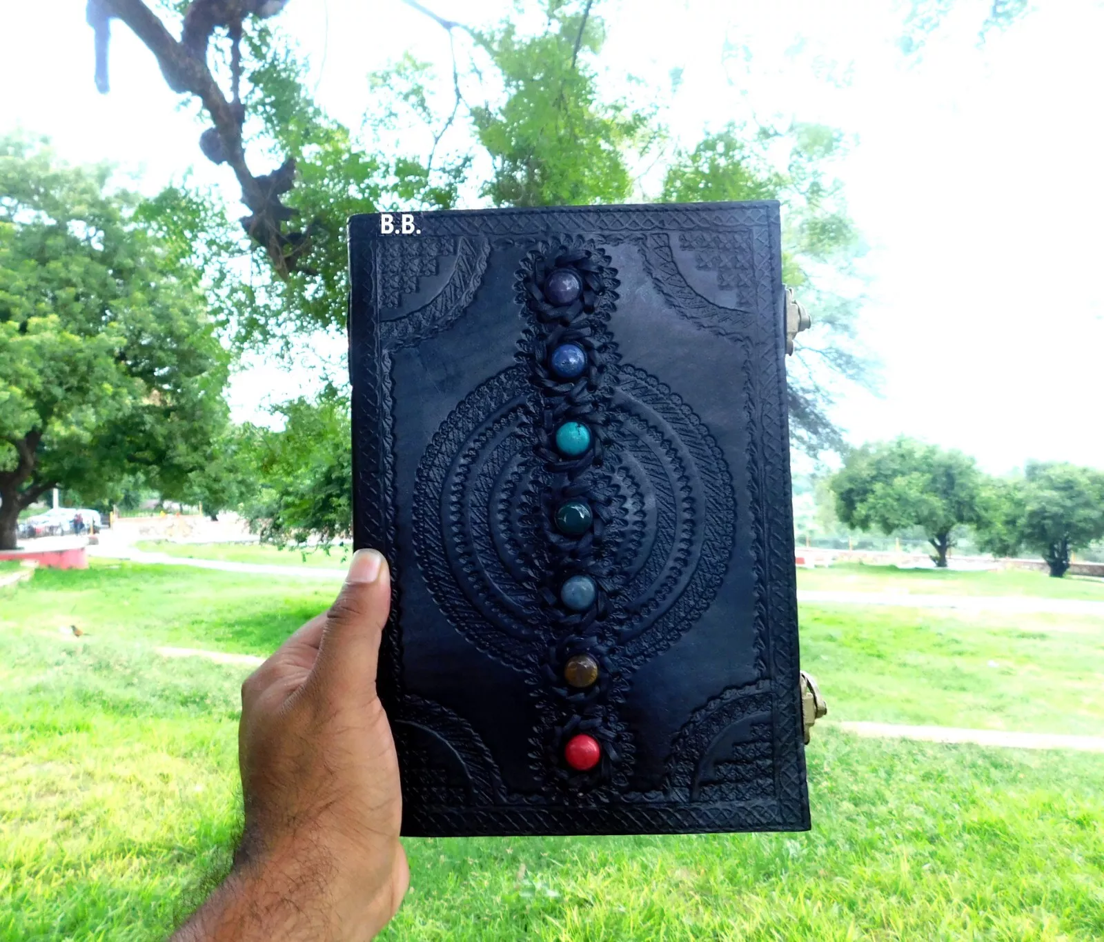 Handcrafted Embossed Design Vintage Leather Bound Journal Seven Chakra Stone Diary Blank Notebook For Men & Women