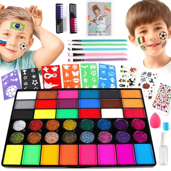 CandWuom Face Painting Kit for Kids –42 Colors Water Based Body Kids Face Painting Kit Includes Hair Chalks Comb, Brushes, Stencils, Professional Makeup Kit for Girl World Cup