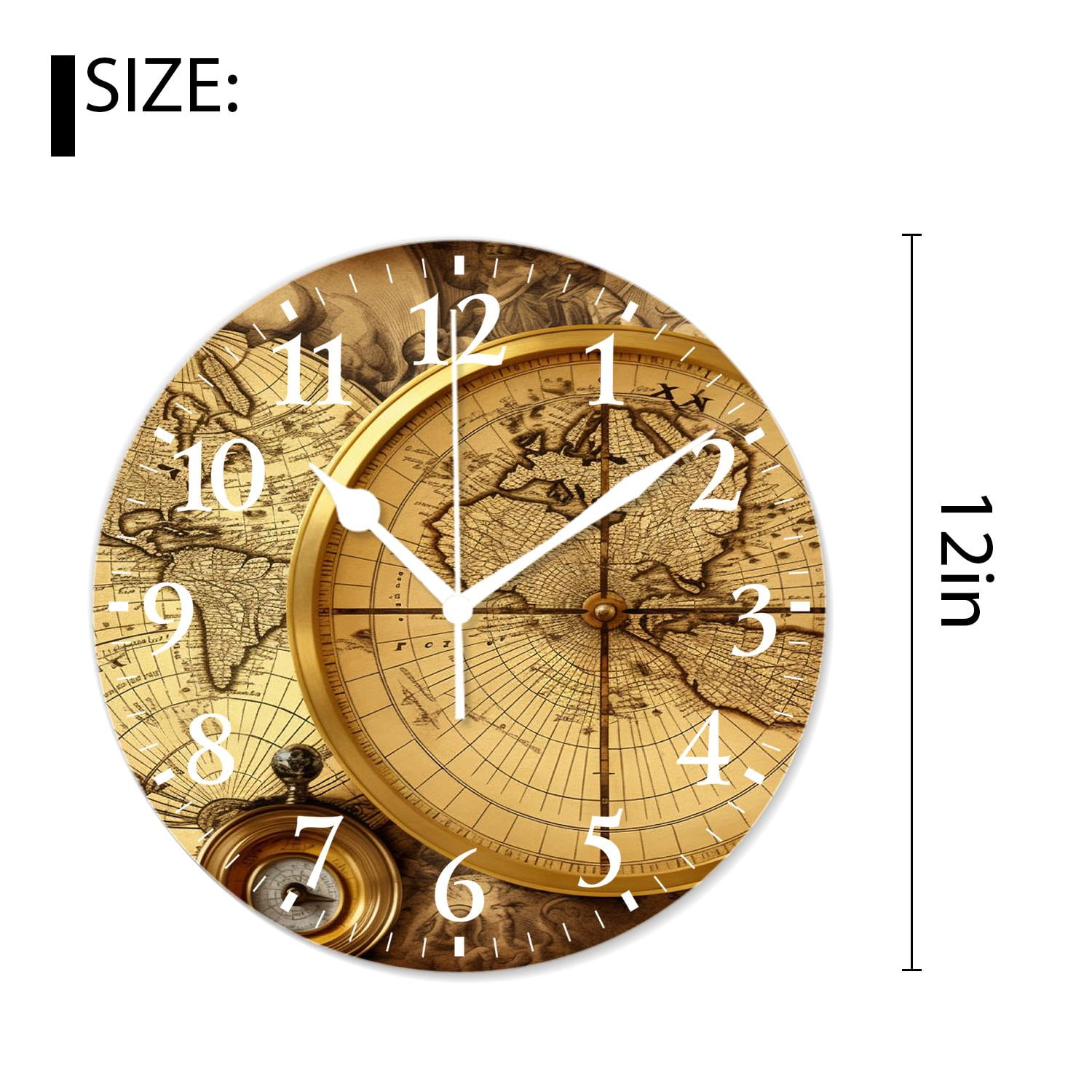 12 Inch Wall Clock Battery Operated Silent Clock Decorative for Office, Kitchen, Outdoor, Living Room，Accurate Map Exquisite Design