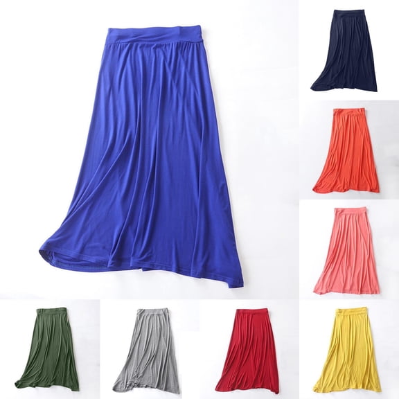 HBGVBA Midi Skirts for Women,Caual A-Line Skirts,Solid Color Flowy Long Skirt Elastic High Waist Versatile Skirts
