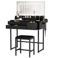 thumbnail image 2 of LED Lighted Glass Top Vanity Desk – 3 Lighting Modes Mirror, Power Outlet, 3 Drawers, Hair Dryer Rack, Modern Makeup Table for Bedroom, Black Panel & Black Iron Frame, 2 of 8