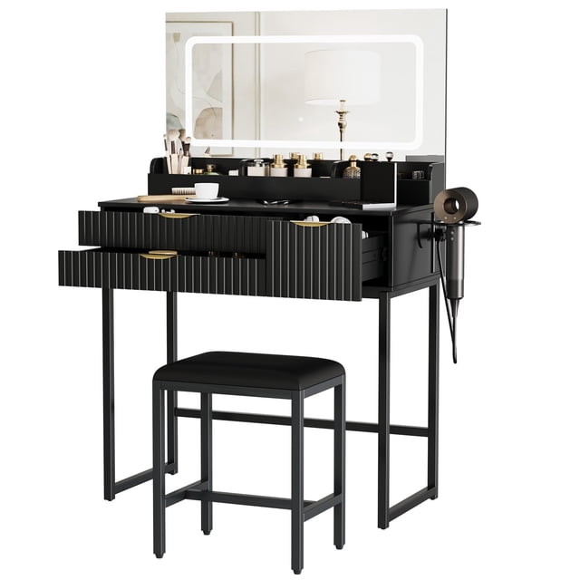 Vanity Desk – LED Lighted Glass Top – 3 Lighting Mode Mirror & Power Outlet – 3 Drawers & Hair Dryer Rack – Bedroom Makeup Table – Black Iron Frame