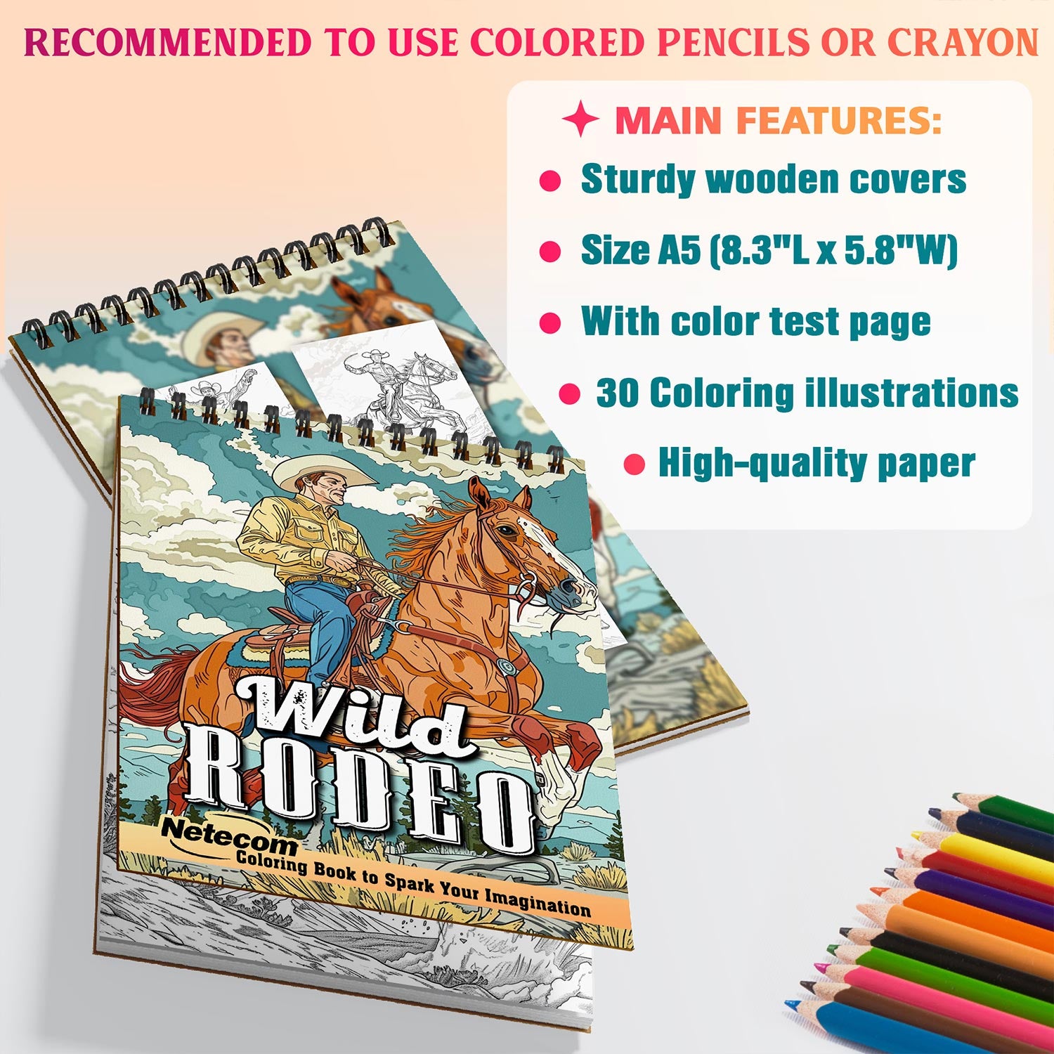 Netecom Wild Rodeo Coloring Book for Adults, A5 Wooden Cover, Spiral Bound, 30 Wild West Coloring Pages of Cowboy Rodeo Adventure for Stress Relief and Relaxation