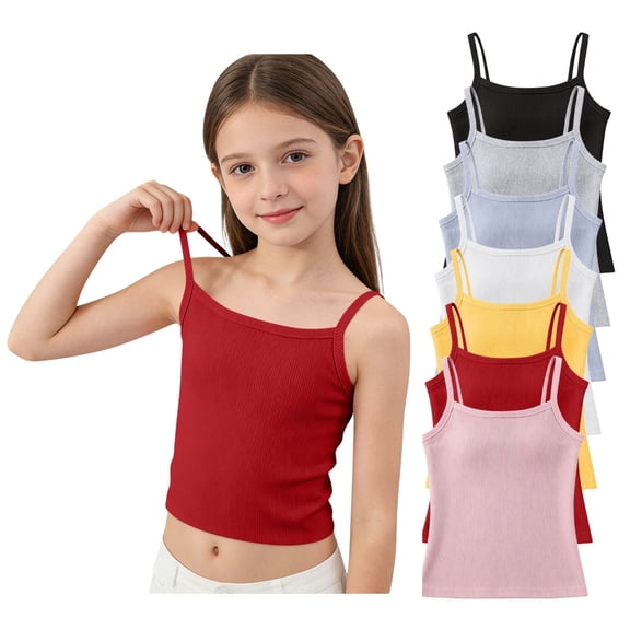 QINGFSAP Girls Ribbed Knit Spaghetti Strap Tank Top Square Neck Puberty Camisole Casual Summer Basic Undergarment for 7-13T