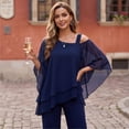 thumbnail image 5 of CIENVNSTG Mother Of The Bride Pant Suits Cold Shoulder Chiffon Ruffle Top And Wide Leg Pants Two Piece Pant Suit Wedding Guest Outfit Blue L, 5 of 6