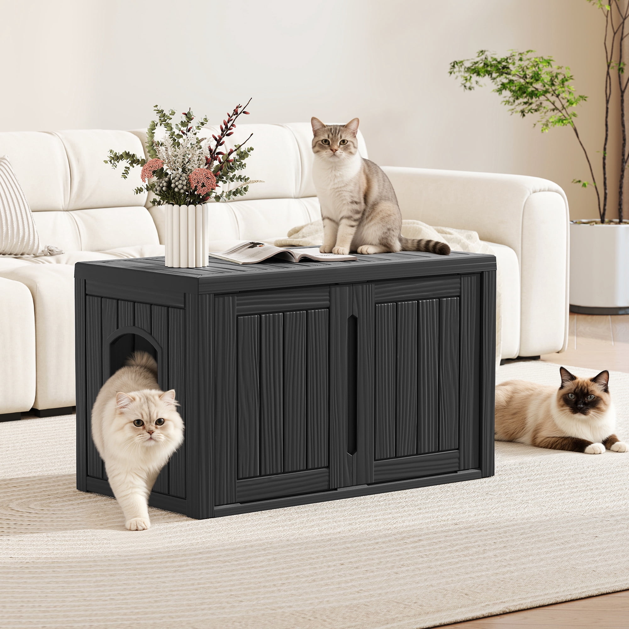Bifanuo Outdoor Cat House, Waterproof Resin Cat House, Multi-Functional Cat Shelter, Assemble Easily for Home & Yard, Black