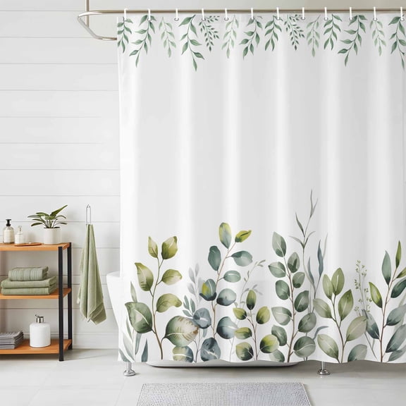 Shower Curtain Spring Eucalyptus Leaves Shower Curtains for Bathroom Decor, Waterproof Polyester Shower Curtain Set with Hooks, Extra Long 72" x 84" Watercolor Green Leaf White