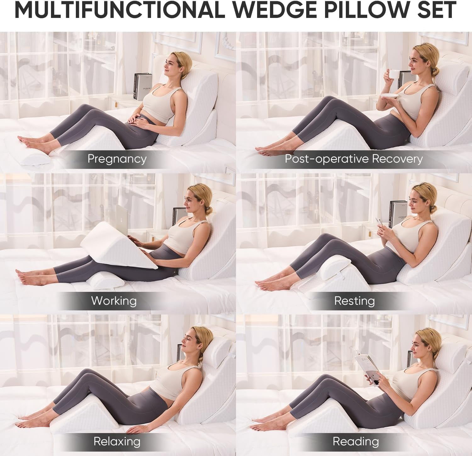 4 PCS Wedge Pillow Set for After Surgery, Memory Foam Orthopedic Bed Wedge Pillow Set, Adjustable Bed for Sleeping, Acid Reflux Relief, Post Surgery Recovery, Back Support, Leg Elevation, White
