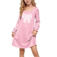 thumbnail image 2 of Fesfesfes Kids Girls Cute Single Bow Print Satin Dress Long Sleeve Round Neck Soft Silky Lightweight Pullover for Casual Home Daily Wear Ages 5-15 Years, 2 of 8