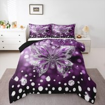 jejeloiu Cartoon Moth Butterfly Bedding Comforter Set,Chic Diamond Twin Comforter Sets,Purple Sliver Bedding Set For Kids,Super Cozy Room Decor Reversible,2pcs