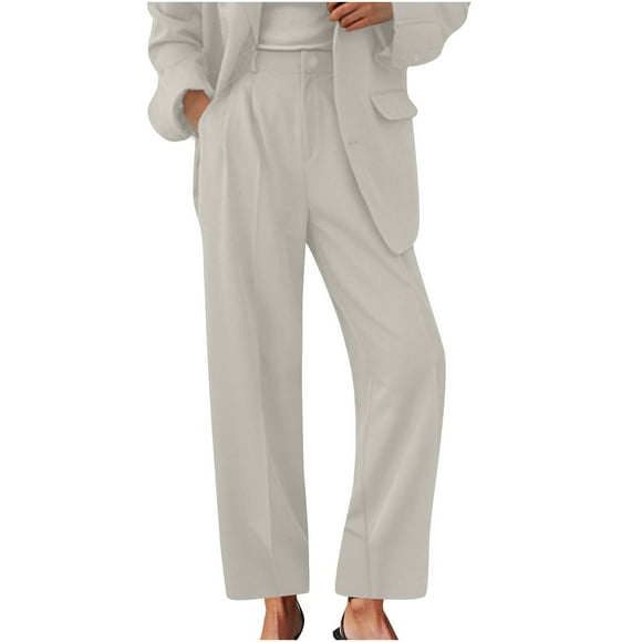 LLYwey Deals Clearance Fleece Lined Pants Women Ladies Fashionable High-End Elegant Commuting High Waistband Pocket Suit Pants New Full Length Pants Trousers Regular Fitted White M