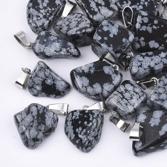 Natural Snowflake Obsidian Pendants with Stainless Steel Snap On Bails Nuggets 15~35x10~20x5~15mm Hole: 3x7.5mm
