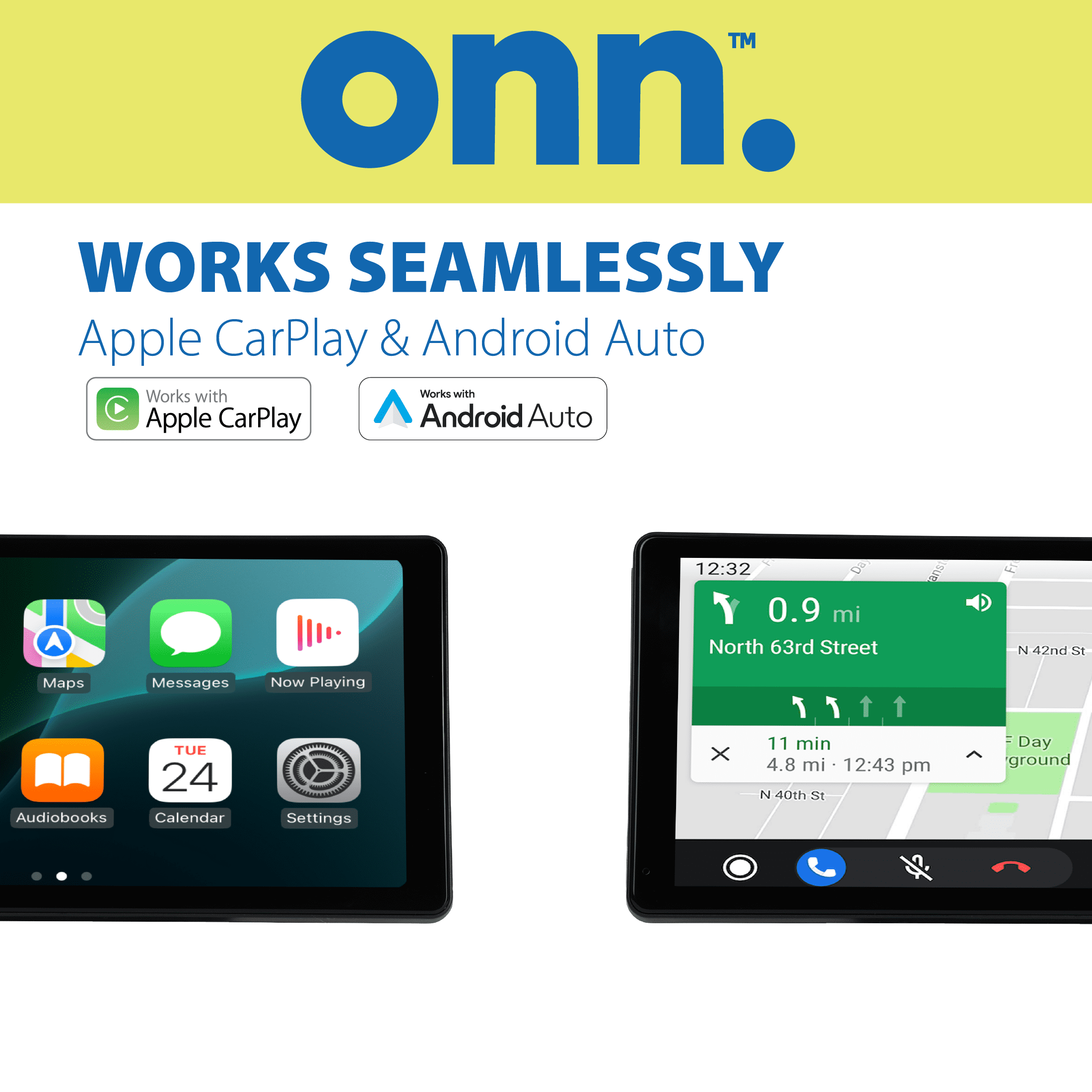 onn 10.3" Wireless CarPlay & Android Auto On-Dash Monitor with Dash Cam & Rear Camera