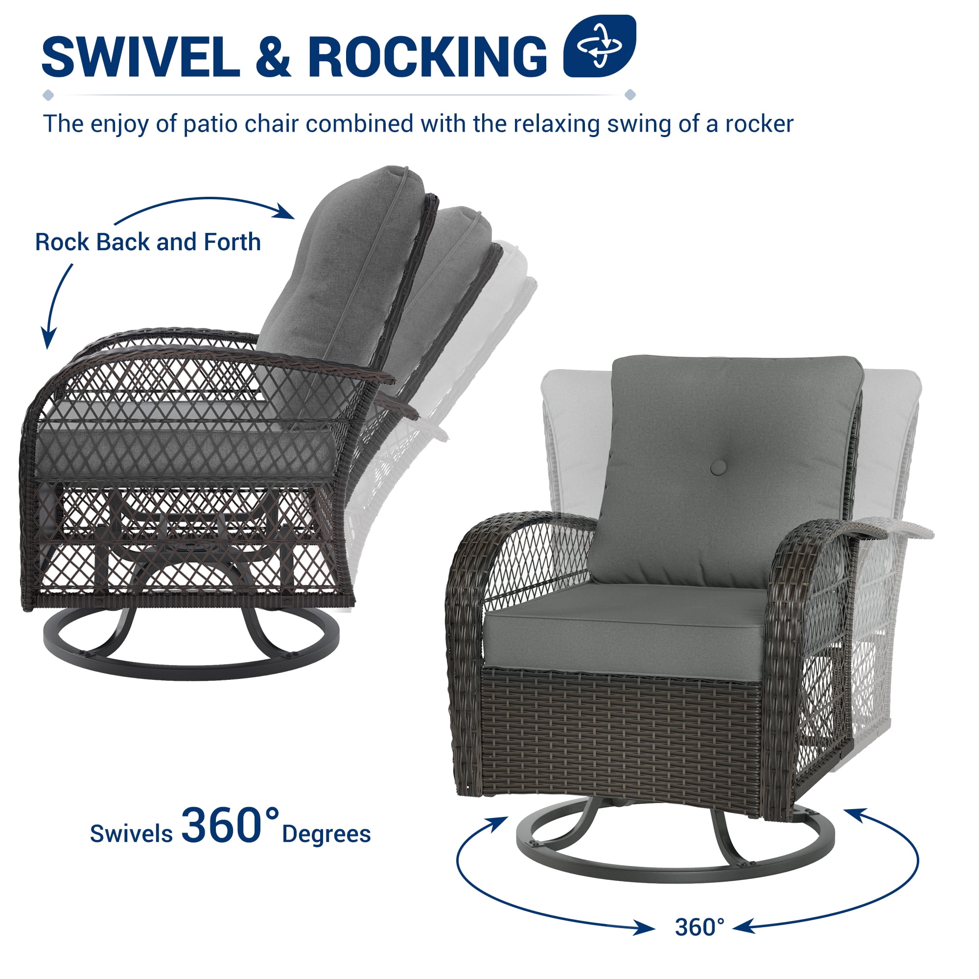 Techmilly 3 Pieces Patio Furniture Set, Outdoor Swivel Gliders Rocker, Glass Top Side Table (Grey)