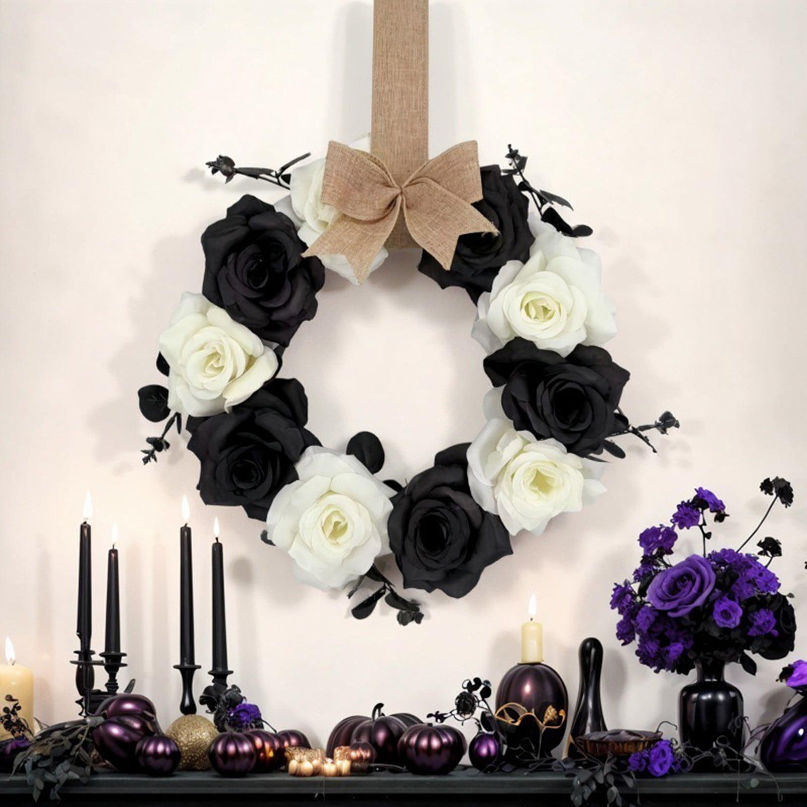 Halloween Wreath Black and White Floral Hanging Decor for Front Door Wall and Party Photo Prop Cozy Home Decoration for Autumn Celebrations