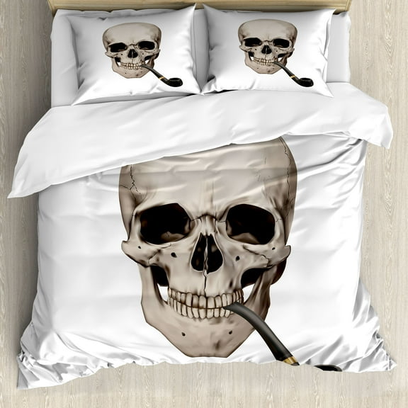 Skull Smoking Duvet Cover Set, Highly Detailed Human Skeleton Head Shape Image and Mouth Print, Decorative 3 Piece Bedding Set with 2 Pillow Shams, Queen Size, White and Pale Eggshell, by Ambesonne