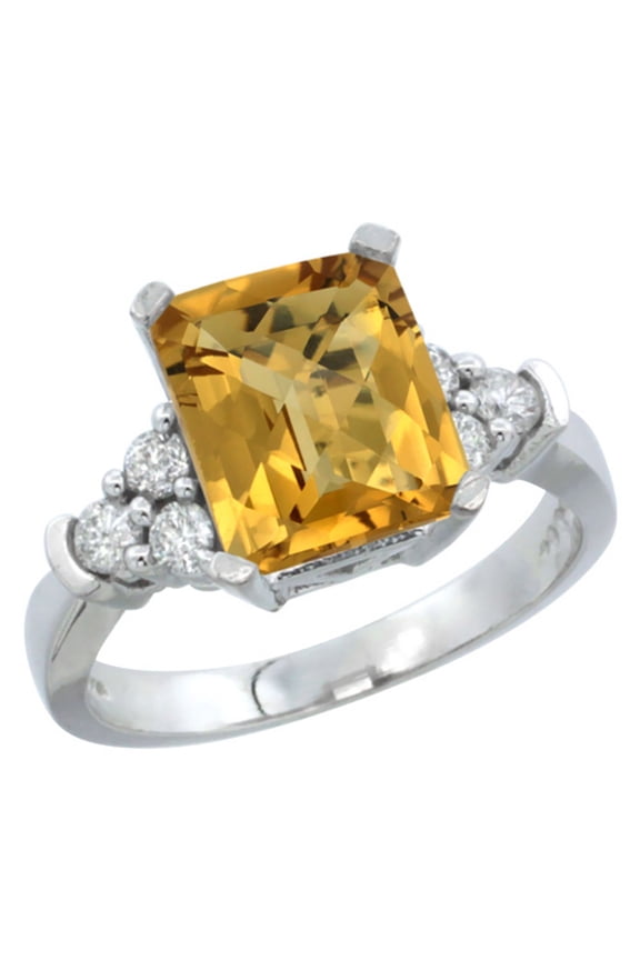 14K White Gold Natural Whisky Quartz Ring Octagon 9x7mm Diamond Accent, size 6.5