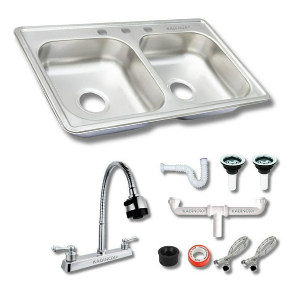 Fregadero Tarja Tina Doble Acero Inox 84x48 Con Kit Mez Flex