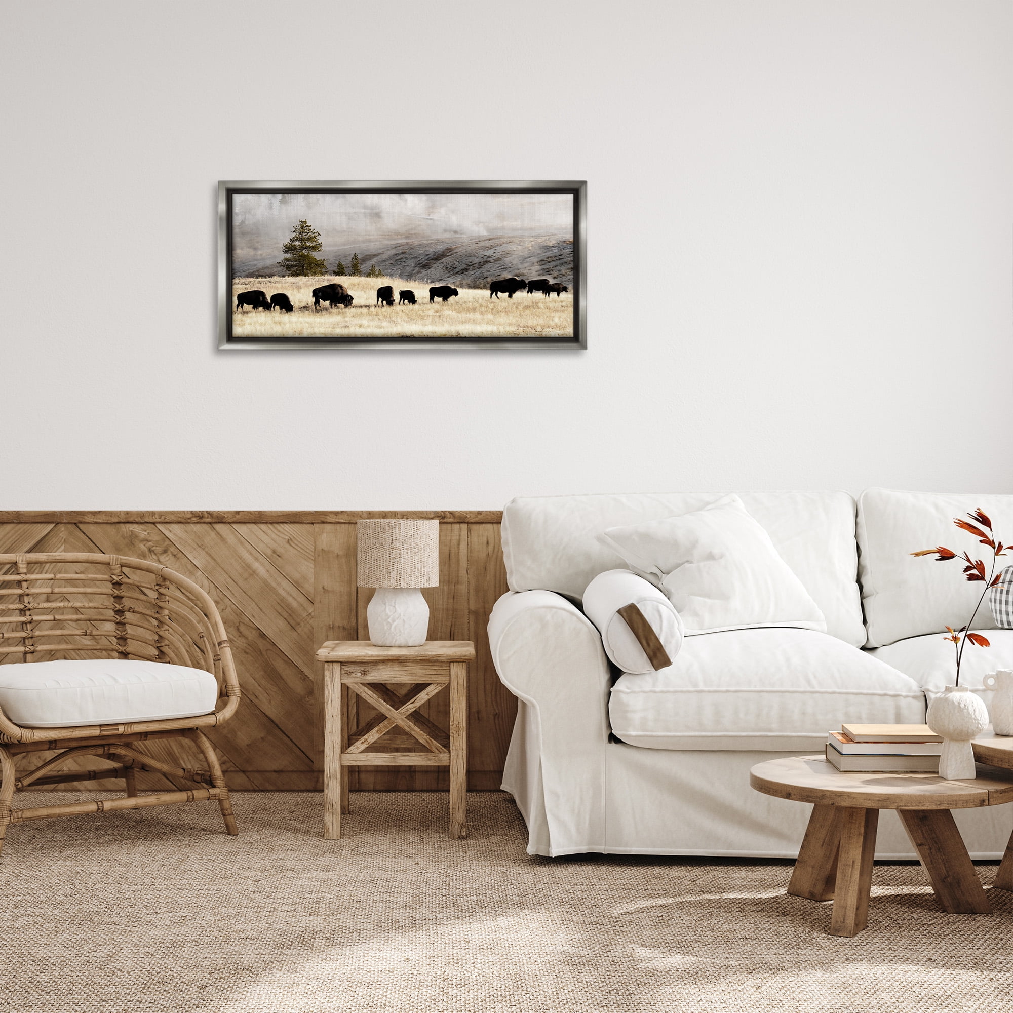 Stupell Industries Grazing Bison Foggy Countryside Animals & Insects Photography Gray Floater Framed Canvas Art Print Wall Art, 31 x 14