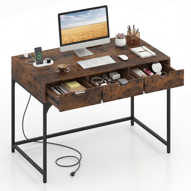 Costway Office Desk with Power Outlets,43.5" Modern Writing Desk with Hidden Compartment Rustic Brown