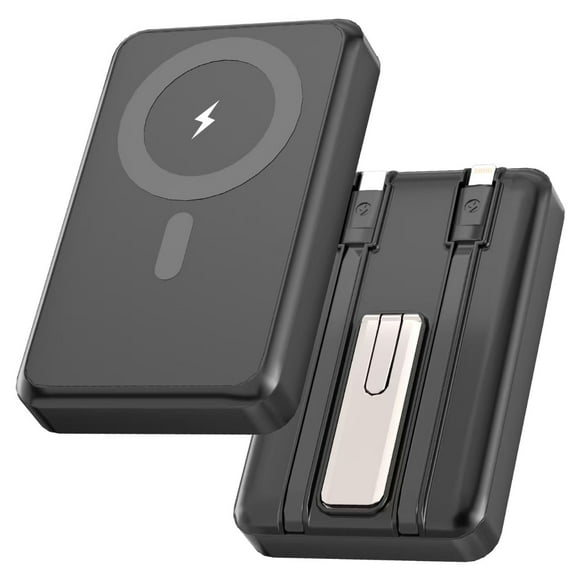 Yelomin Magnetic Portable Charger, 10000mAh Magsafe Power Bank with Built in USB-C & Lighting Cable, Foldable Stand 22.5W Fast Charging Battery Pack for iphone 16/15/14/13/12 Series, Black