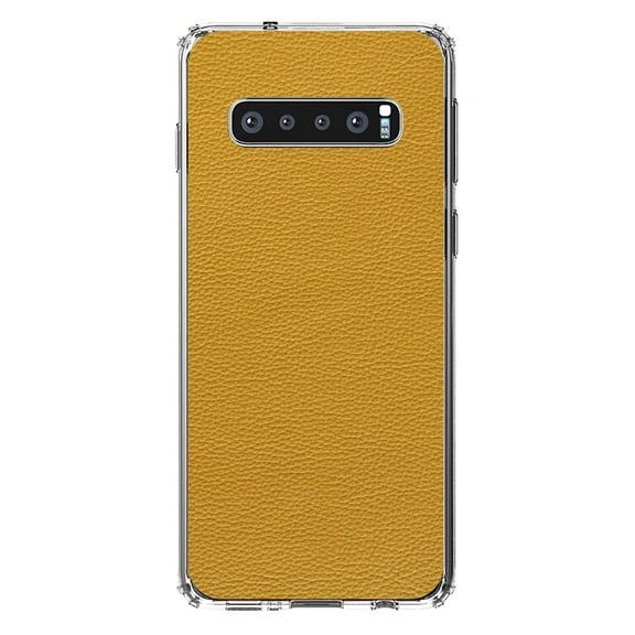 DistinctInk Clear Shockproof Hybrid Case for Samsung Galaxy S10 (6.1" Screen) - TPU Bumper, Acrylic Back, Tempered Glass Screen Protector - Yellow Faux Leather Print Design - Printed Leather Image