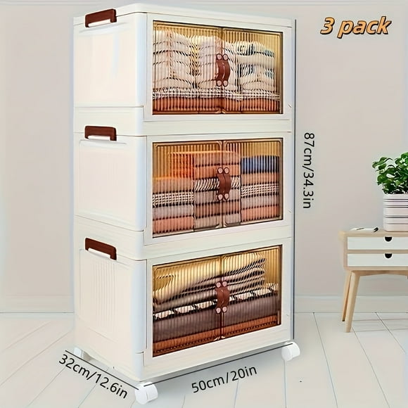 LEEYNEER 50cm/19.68in Wide Foldable Storage Box with Wheels And Door 1-3Layers Lidded Storage Bins Easy to Move for Bedroom/Kitchen/Living Room Large Capacity Container for All Seasons