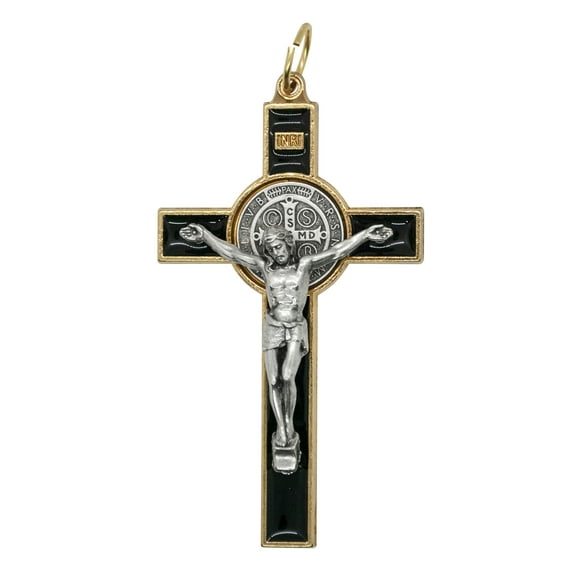 3" Gold-Tone St. Benedict Crucifix Pendant with Black Enamel Inlays