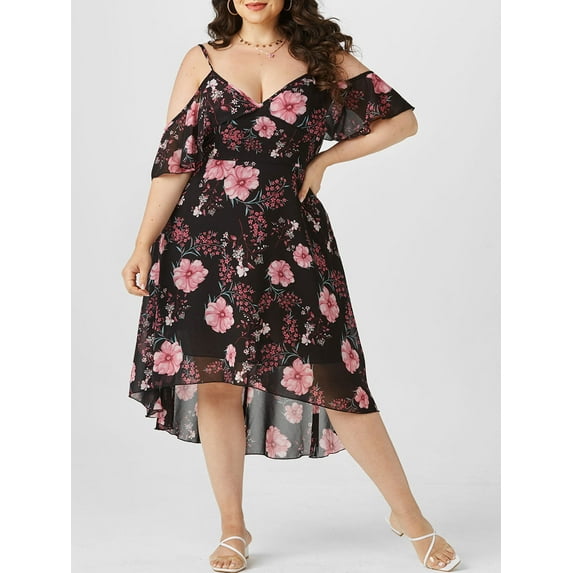 Plus Size Floral Printed Cold Shoulder High Low Dress Black 1X