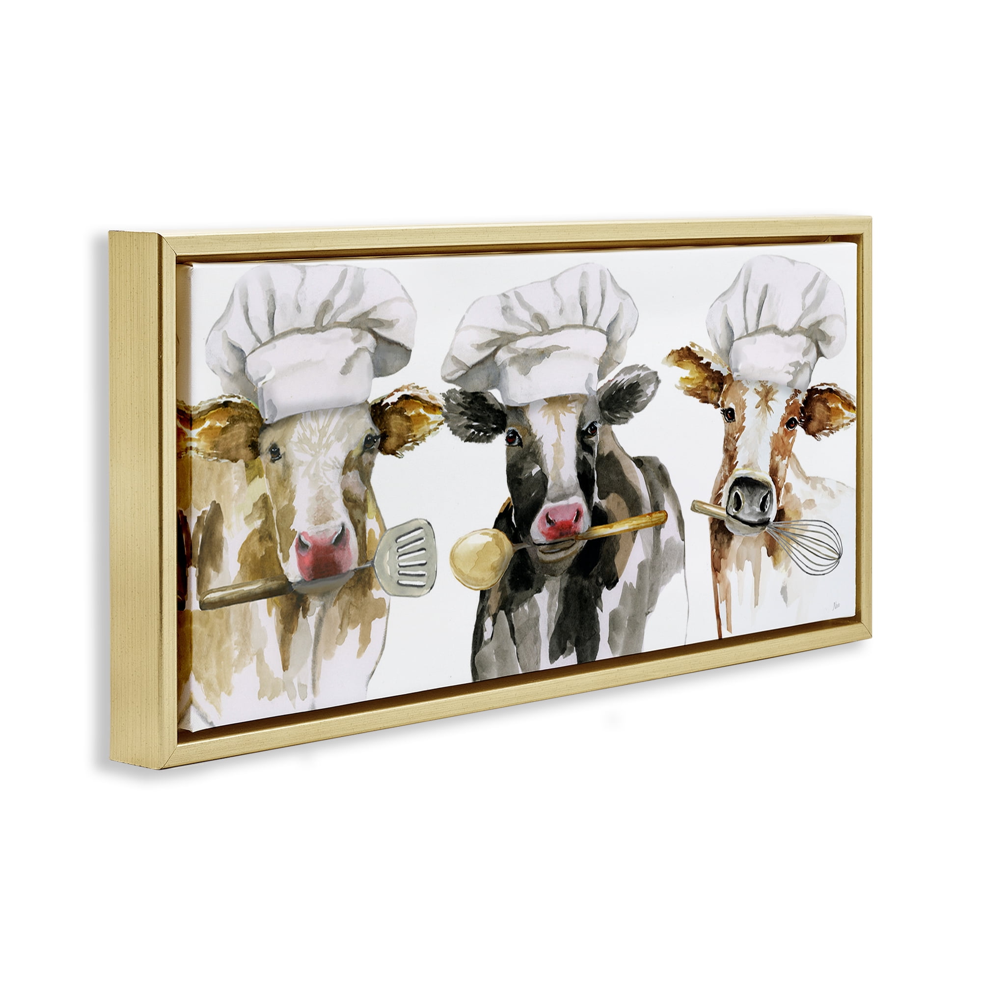 Stupell Industries Cow Chefs with Utensils Gold Framed Floater Canvas Wall Art, design by Nan